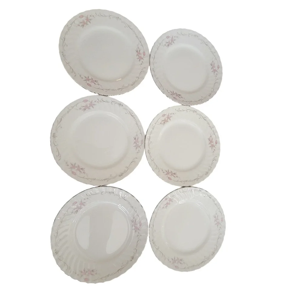 MCM Gold Standard Dessert Plates White Pink Floral‎ Silver Trim Japan Vtg Set 6
